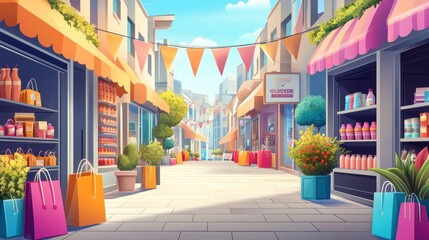 A lively shopping area filled with colorful shops, bright banners, and shoppers bustling around on a sunny day