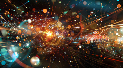 Obraz premium Dynamic image of atomic collisions creating a range of particles including Higgs bosons