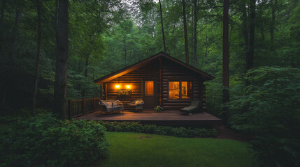 A cozy log cabin nestled in the heart of a dense forest, surrounded by tall trees and lush green foliage. The cabin has a vintage filter, with wooden plank walls, a front porch, and warm lights inside