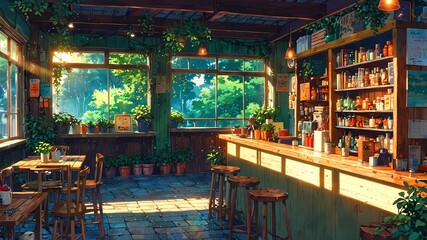 Whimsical Coffee Shop with Lush Green Plants at Sunset Rainy Day