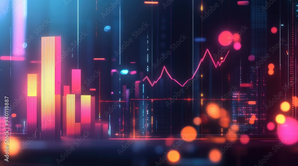 Poster abstract depiction of financial graphs and charts in neon colors