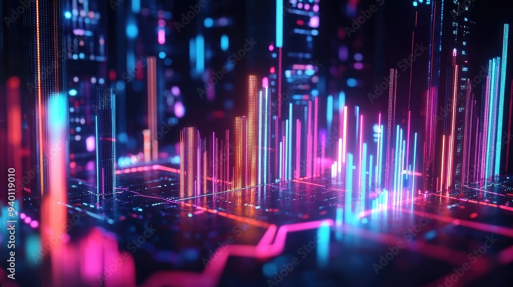 Poster abstract depiction of financial graphs and charts in neon colors