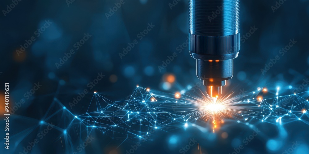 Poster a close-up of a laser tool creating sparks on a digital network, symbolizing advanced technology and