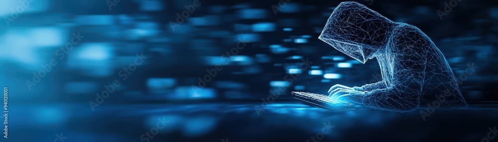 Poster a digital figure in a hooded attire interacts with glowing data elements, depicting the theme of cyb