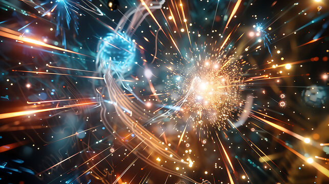 Dynamic scene of the Higgs boson interacting with other particles in a particle physics experiment
