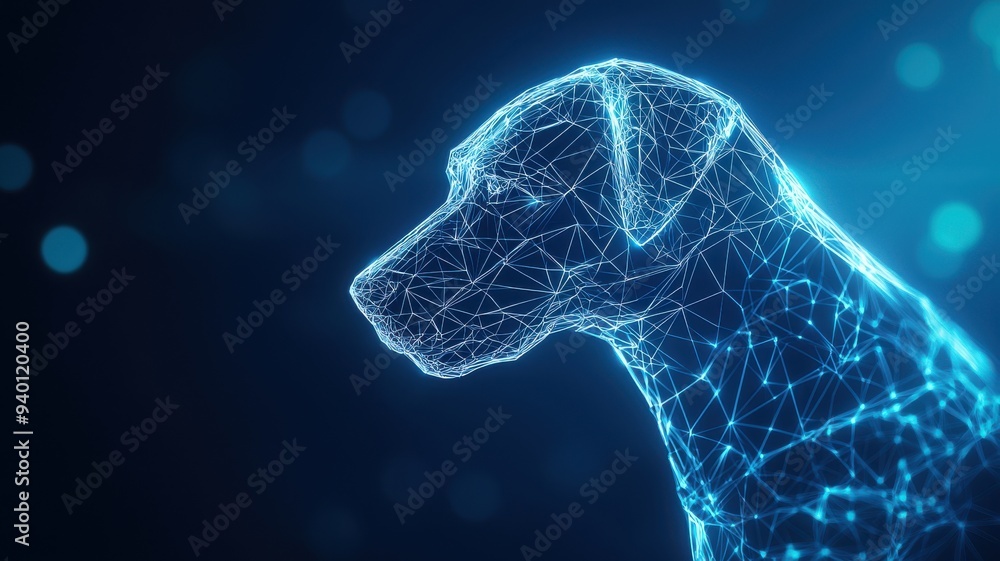Poster a futuristic digital representation of a dog, showcasing a network of glowing lines and points in a 