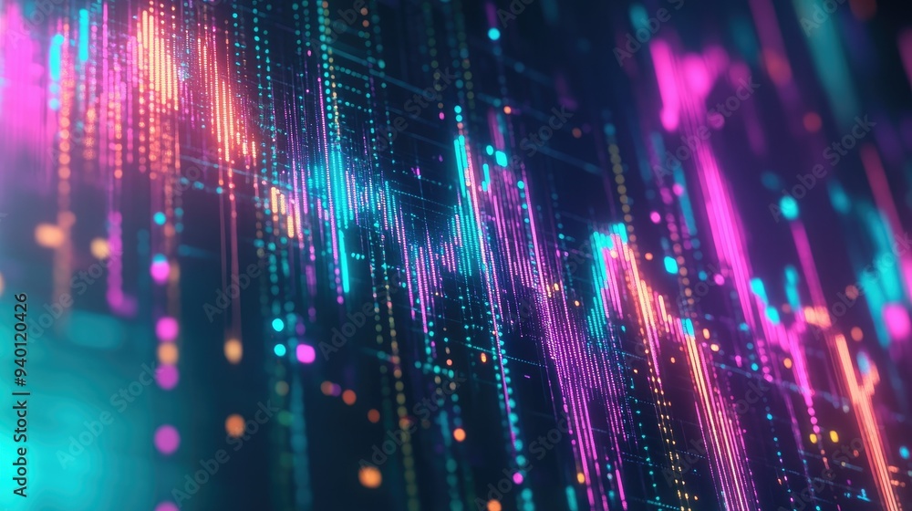 Poster abstract depiction of financial graphs and charts in neon colors