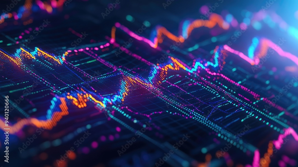 Poster abstract depiction of financial graphs and charts in neon colors