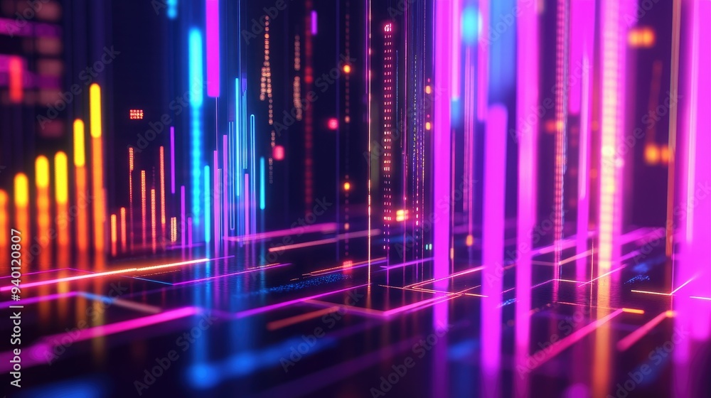 Poster abstract depiction of financial graphs and charts in neon colors