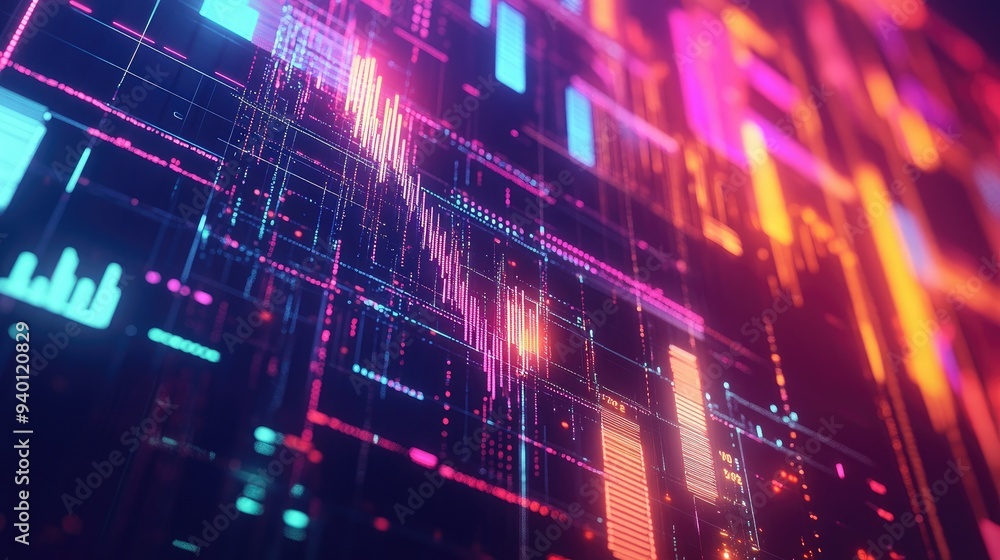 Poster abstract depiction of financial graphs and charts in neon colors