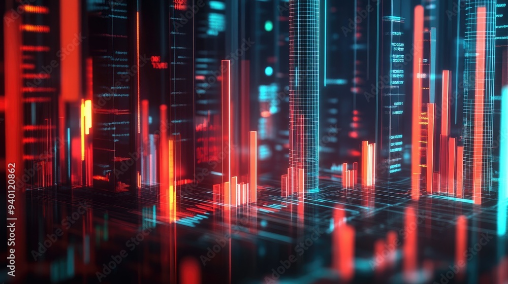 Poster abstract depiction of financial graphs and charts in neon colors