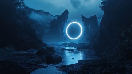 Mystical Nighttime Landscape with Glowing Circle