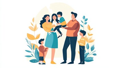 Naklejka premium Heartwarming Family Interactions - Flat Design Illustration of Authentic Connection and Togetherness