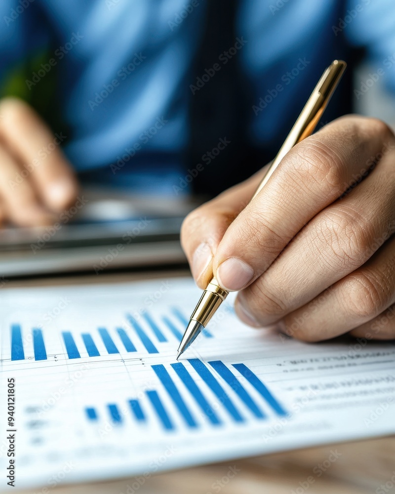 Poster A professional analyzing financial data with a pen, highlighting key statistics on a printed graph sheet.