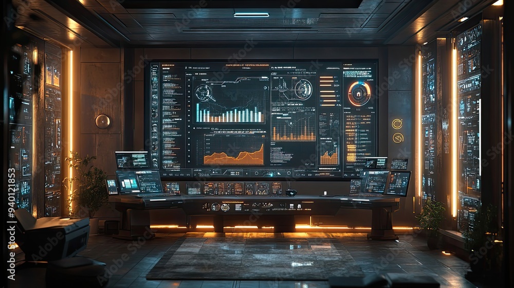 Poster futuristic control room with data displays and a desk
