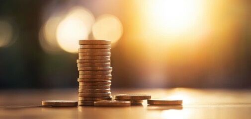 A stack of coins illuminated by warm sunlight, symbolizing wealth, investment, and financial growth in a serene atmosphere.