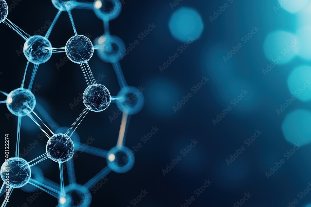Poster abstract representation of molecular structure against a blue backdrop, ideal for science and techno