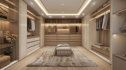 warm walk-in closet set up. modern large walk-in closet. interior walk-in closet. dressing room