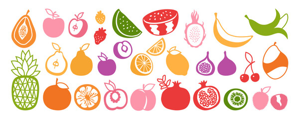 Fruits or berries symbol cartoon set. Sliced lemon orange apple pear, watermelon peach papaya fig pineapple dragon fruits kiwi mango banana pomegranate. Vector sign drawn simple strawberry plum cherry