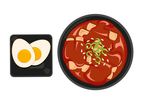 toppoki or tteokpokki illustration. korean food cartoon vector. korean rice cake.