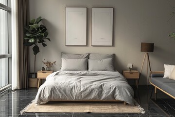 Modern minimalist bedroom with a gray fabric double bed, soft headboard and pillows. Nightstands on each side, a poster above the bed, carpet under sofa, black floor tiles, window to the left