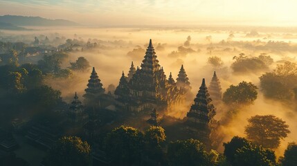 Aerial view of ancient temple amidst fog and trees during sunrise