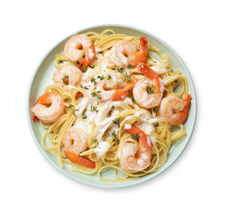 Delicious pasta with shrimps and creamy sauce isolated on white, top view