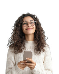 Smiling Woman in White Sweater Holding Smartphone on White Background., transparent background, PNG file