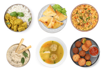 Hummus, samosas, falafel balls, pilaf, matzo balls and rice with curry on white background, top view. Collection with dishes of different national traditional cuisines