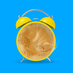 Yellow alarm clock with coffee instead of dial on light blue background