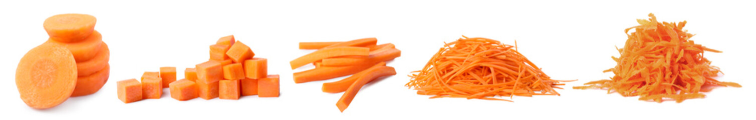Fresh carrots isolated on white, collage. Different types of cuts