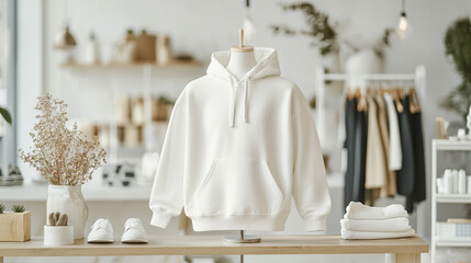 A white hoodie is displayed on a mannequin in a store