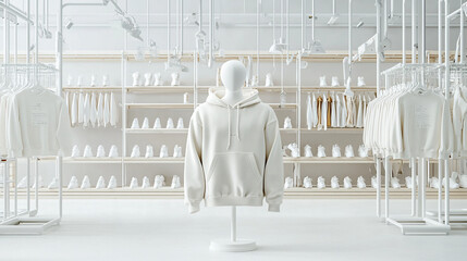 A white mannequin is wearing a white hoodie in a store