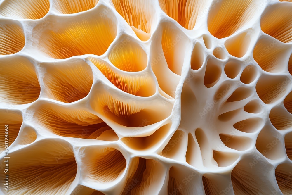 Poster a detailed macro photograph of a mushroom's gills, showing the intricate patterns and textures in sh