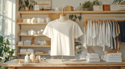 A white shirt is displayed on a mannequin in a store