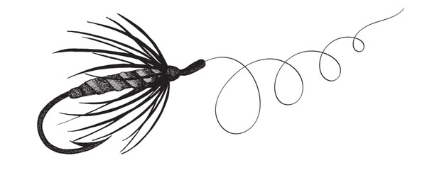 Fly fishing hook. Vintage lure tied with feathers hand drawn by ink.