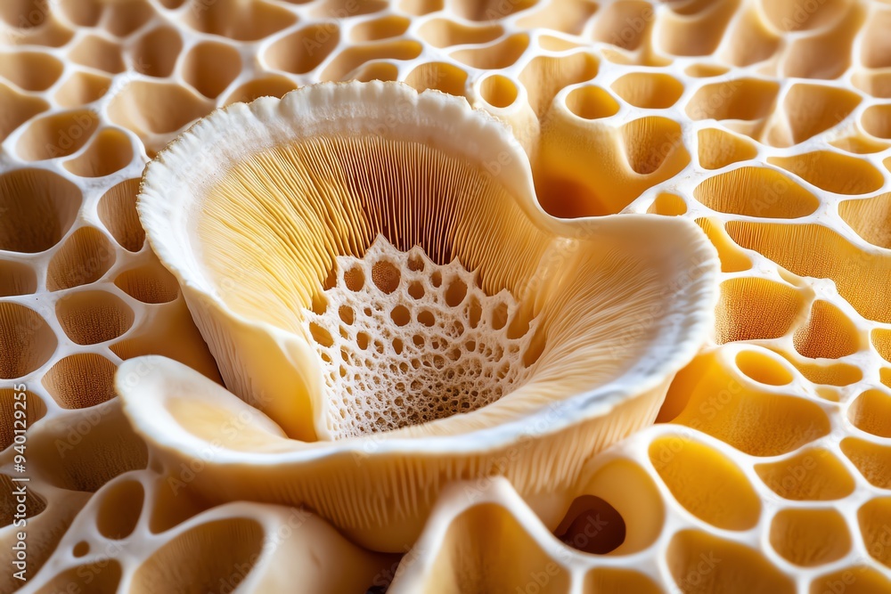 Poster a detailed macro photograph of a mushroom's gills, showing the intricate patterns and textures in sh