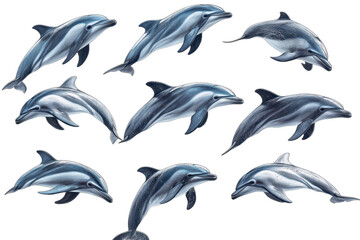 Naklejka premium 9 Dolphins Jumping Isolated on White Background., transparent background, PNG file