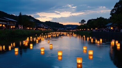 Obraz premium Enchanting river aglow with floating lanterns at twilight, reflecting golden light on calm waters amidst traditional buildings and lush landscape