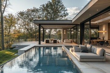 Fototapeta premium Modern backyard with pool and gazebo, green grass, garden beds, and trees in the background. Daytime shot with clean lines and depth of field.