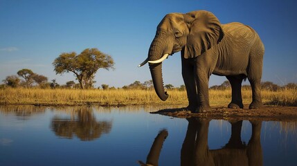 Africa, Botswana, Chobe National Park, African Elephant (Loxodonta Africana) standing on the edge of a water hole in Savuti Marsh leading to the front