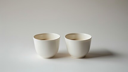 Fototapeta premium Two White Cups with Beige Liquid on a White Surface