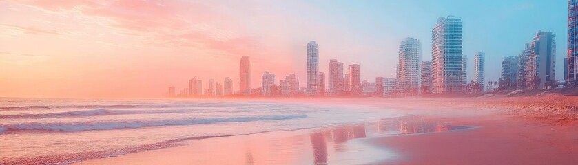 Stunning coastal view at sunset with city skyline reflecting on water, creating vibrant colors and serene atmosphere.