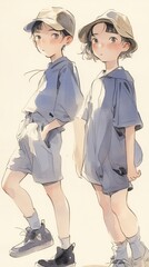 Two Anime Children in Blue Clothing and Hats Standing Side by Side