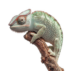 Obraz premium Green Chameleon on Branch Isolated on White Background., transparent background, PNG file