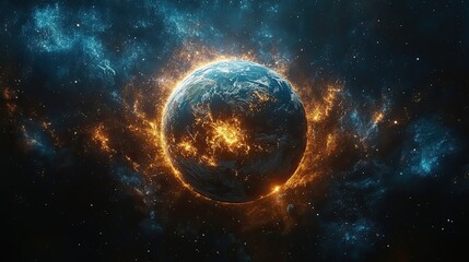 Obraz premium A fiery planet engulfed in a swirling nebula