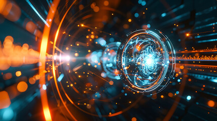 Futuristic depiction of a particle accelerator studying the interactions of atomic particles including quarks and protons