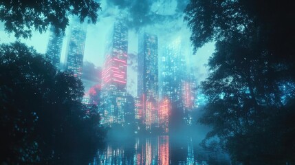 Naklejka premium A surreal cityscape blending nature and futuristic architecture, illuminated by vibrant neon lights and shrouded in mist.