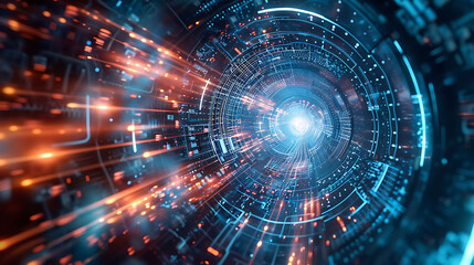 Obraz premium Futuristic depiction of a particle accelerator studying the interactions of atomic particles including quarks and protons