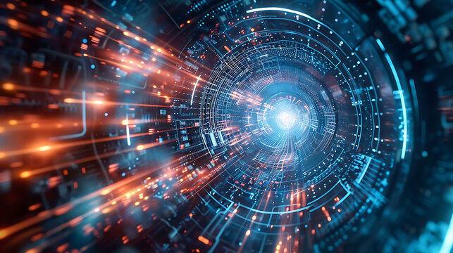 Futuristic depiction of a particle accelerator studying the interactions of atomic particles including quarks and protons